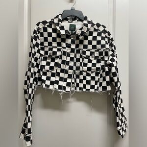 Wild Fable Black and White Checkered Cropped Jean Jacket